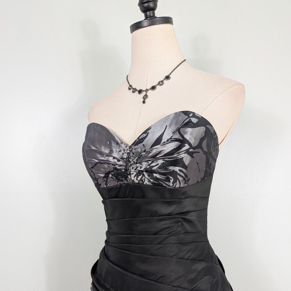 Y2K Alyce Prom Dress Maxi Gown 8 Gray Black Mermaid Corset Strapless Floral Vtg - Picture 8 of 14